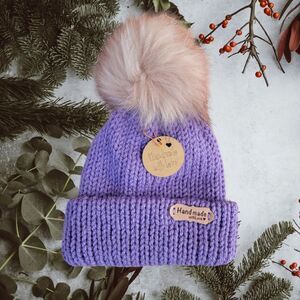 Handmade Knit Purple Newborn Beanie with Pom Pom